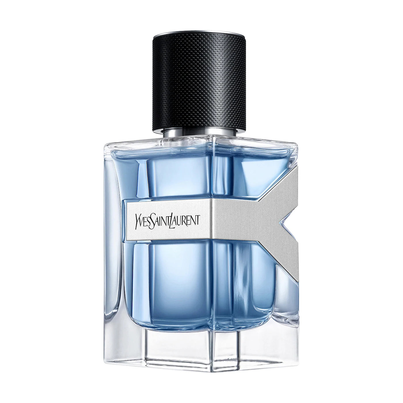 YSL Y Eau de Toilette bottle front view, Yves Saint Laurent Y EDT for men, YSL Y EDT 100ml bottle on white background, Y Eau de Toilette by YSL with blue gradient glass