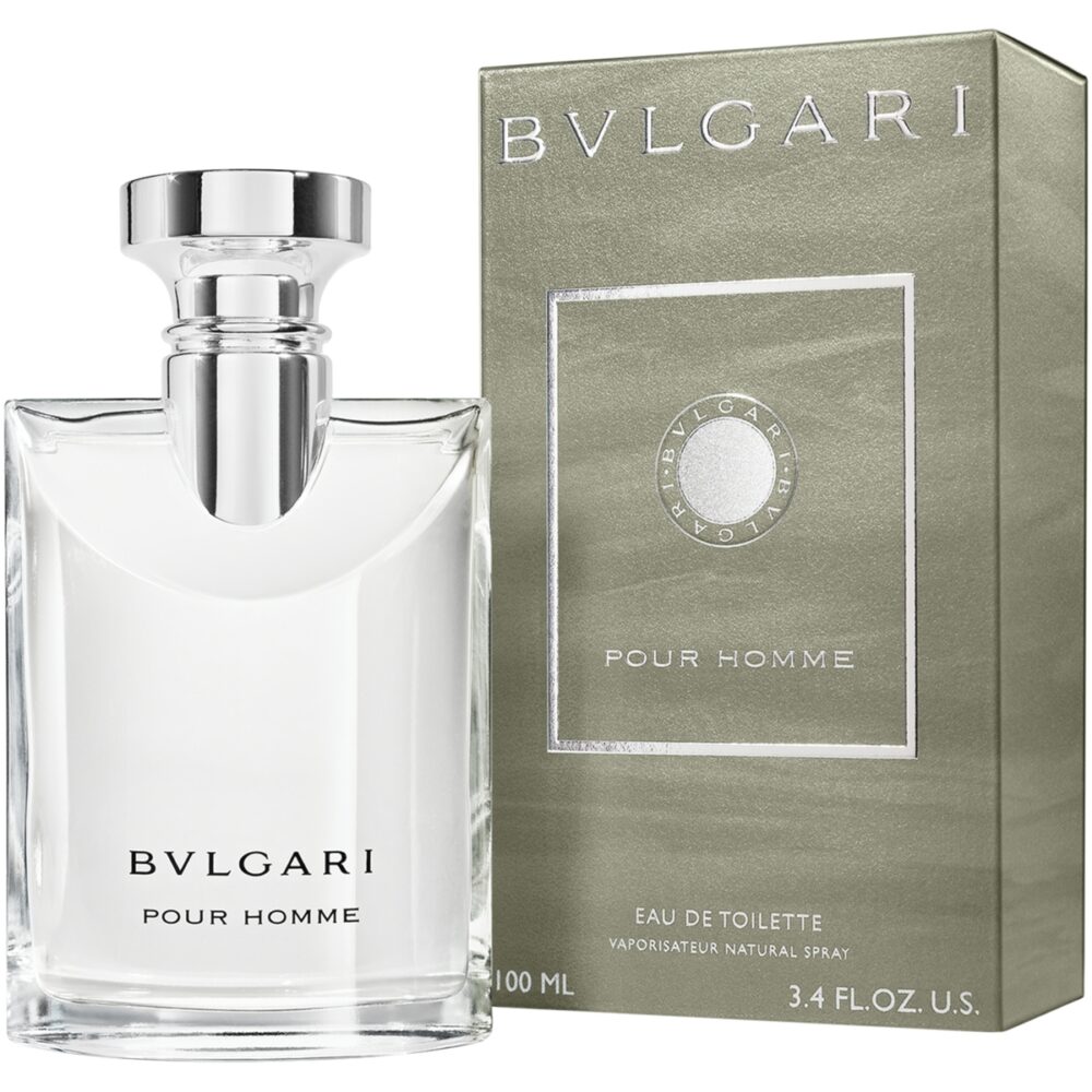 Elegant bottle of Bvlgari Pour Homme Eau de Parfum with sleek silver and glass design, placed on a dark background.