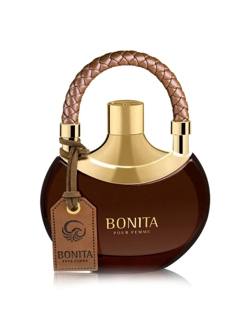 Bonita Eau de Parfum 100ml by Le Falcone, presented in an elegant bottle with a braided leather handle, set against a minimalist background.