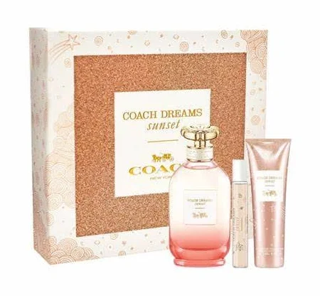 Coach Dreams Sunset 3PCS Gift Set – Floral-fruity Eau de Parfum, Body Lotion, and Mini Spray in vibrant packaging