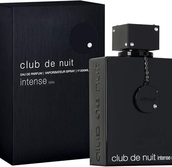 Club de Nuit Intense EDP bottle with sleek black design, silver chain emblem, and luxury fragrance branding