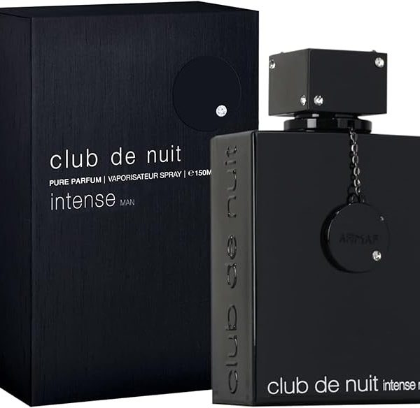Club De Nuit Intense Pure Parfum bottle in sleek matte black with silver emblem, luxury men’s fragrance.