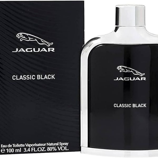 Jaguar Classic Black Eau de Toilette bottle with sleek black and silver design, citrus and woody men's fragrance.
