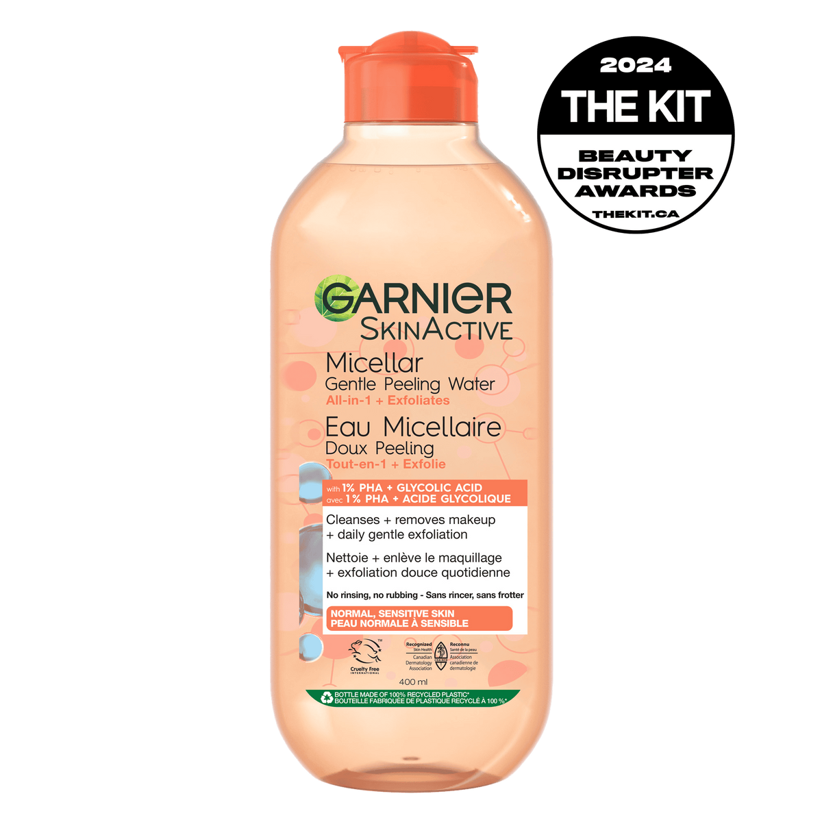 Garnier Skin Active Micellar Gentle Peeling Water bottle. A clear bottle with a yellow-tinted cap, formulated with 1% PHA and Papaya Enzyme for makeup removal and gentle daily exfoliation